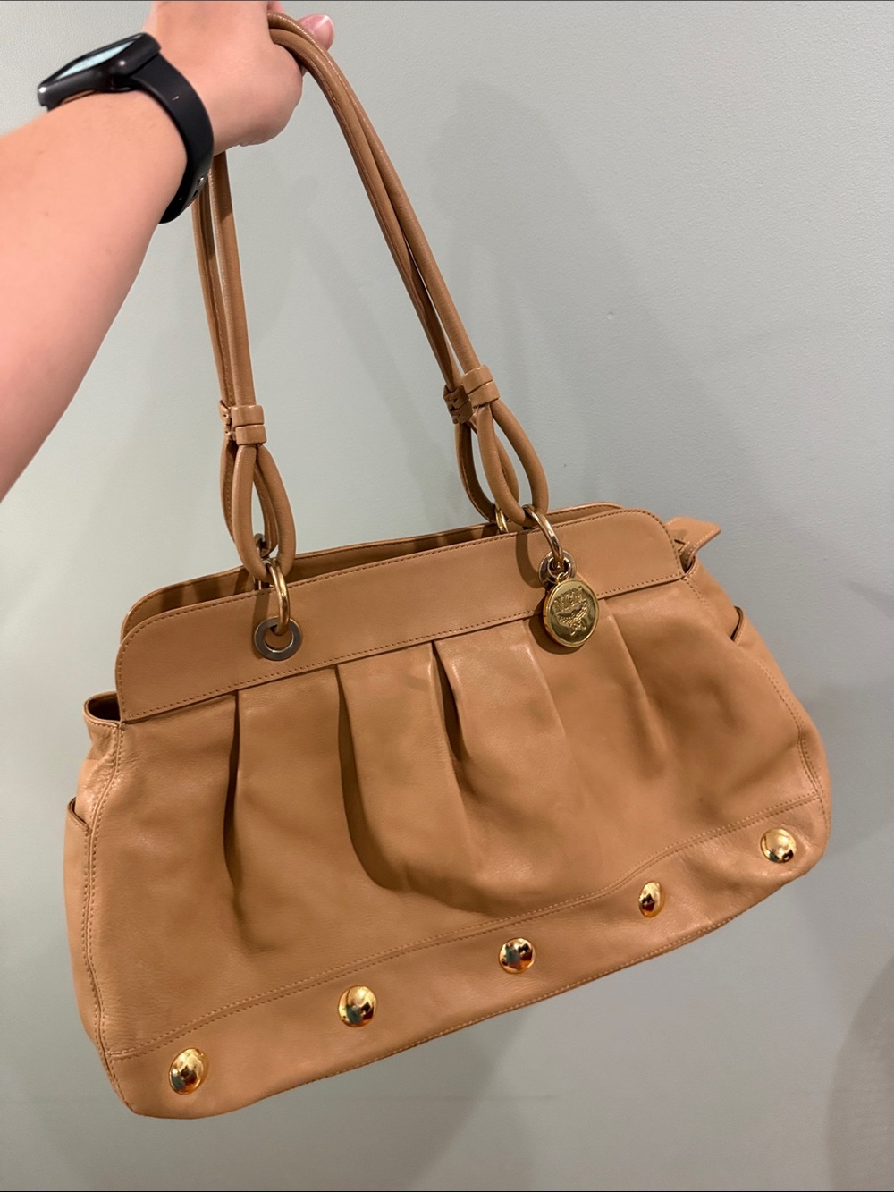 MCM Tan Leather Shoulder Bag with Reversible and Removable Logo Charm